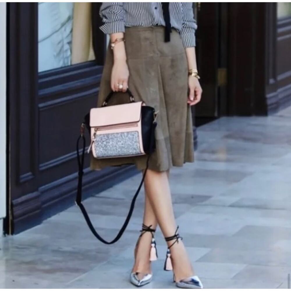 Joie Mylon Goat Leather A-Line Skirt Olive Taupe Size XS